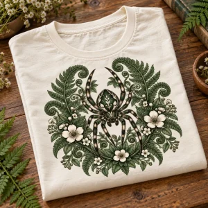 Folded cream Botanical Spider floral spider shirt on a wooden table with fern and wildflower themed props