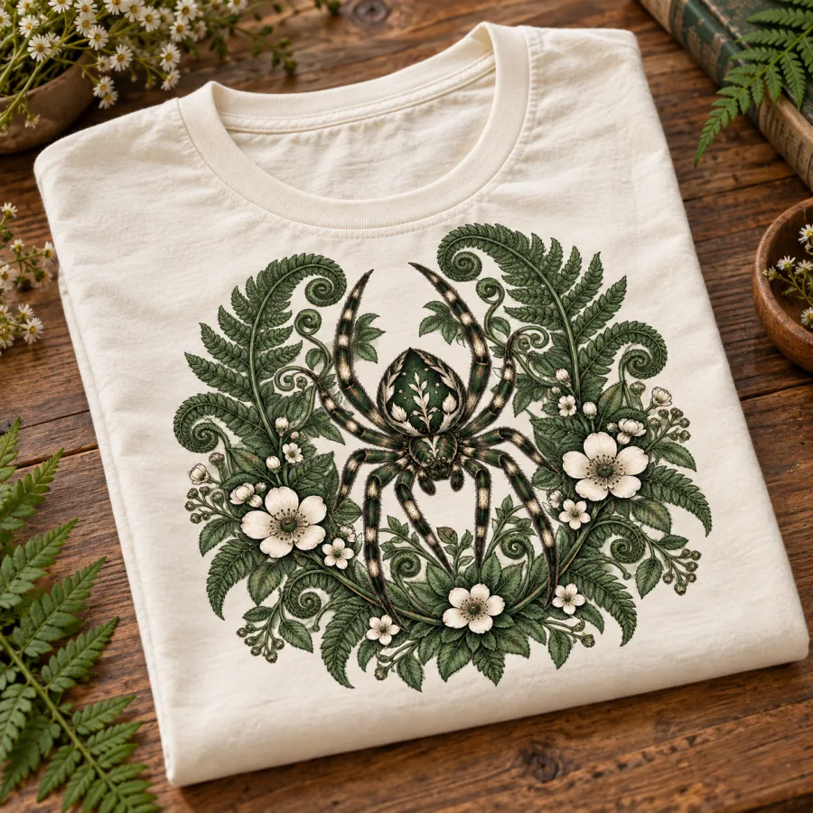 Folded cream Botanical Spider floral spider shirt on a wooden table with fern and wildflower themed props
