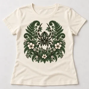 Front flat lay of cream women's Botanical Spider floral spider shirt with forest-green fern and wildflower artwork
