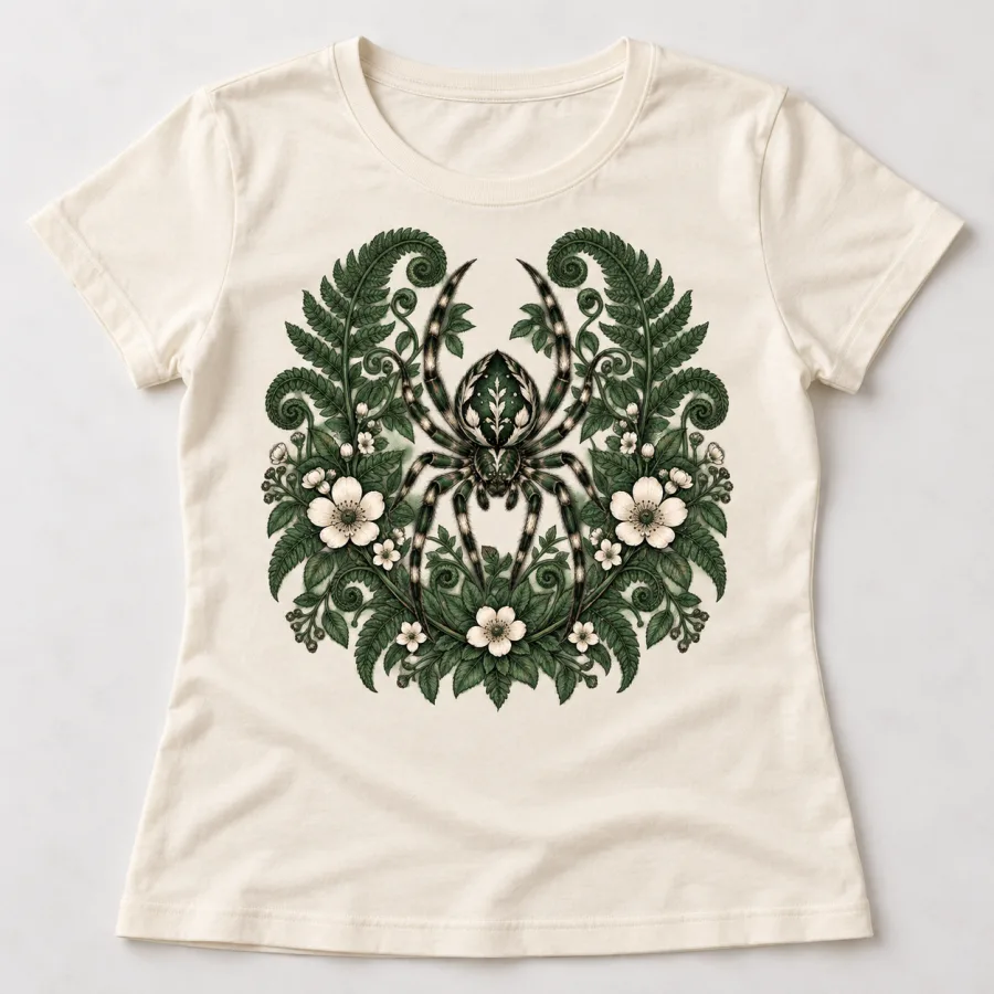 Front flat lay of cream women's Botanical Spider floral spider shirt with forest-green fern and wildflower artwork
