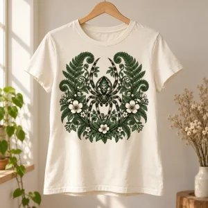 Cream women's Botanical Spider floral spider shirt displayed on a wooden hanger with botanical artwork visible