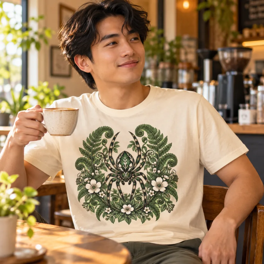 Lifestyle photo of cream Botanical Spider floral spider shirt worn in a cozy coffee shop with the botanical print visible