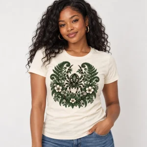 Woman wearing cream Botanical Spider floral spider shirt with detailed forest-green botanical spider graphic