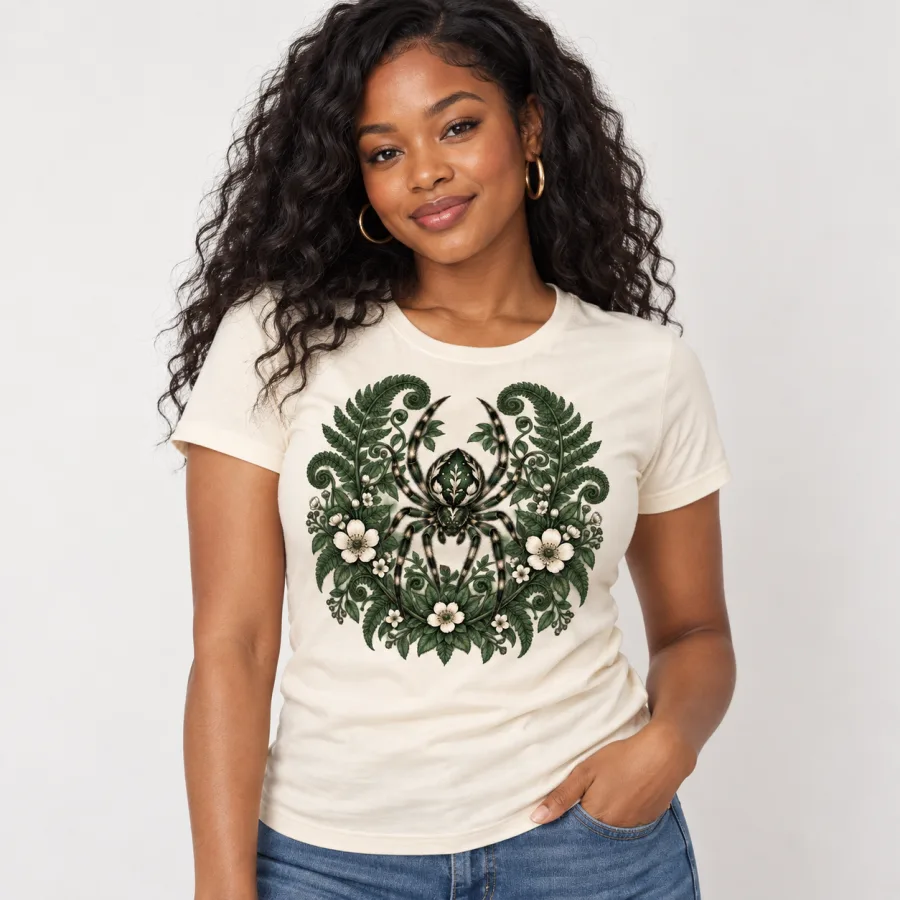 Woman wearing cream Botanical Spider floral spider shirt with detailed forest-green botanical spider graphic