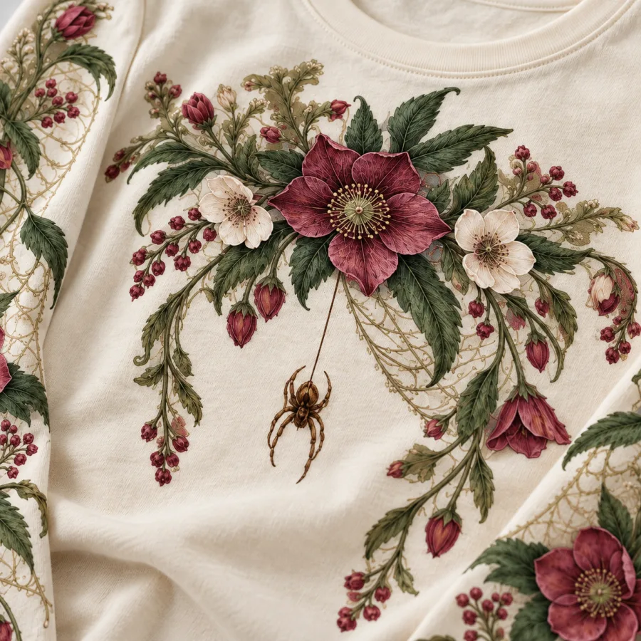 Close-up of green stems, burgundy flowers and web strands on the sleeve