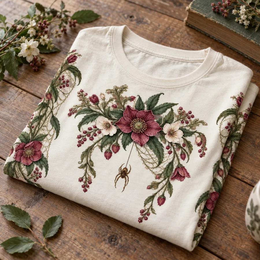 Folded cream floral spider long sleeve shirt showing chest flowers