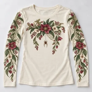 Front flat lay of cream Botanical Web Arms floral spider long sleeve shirt