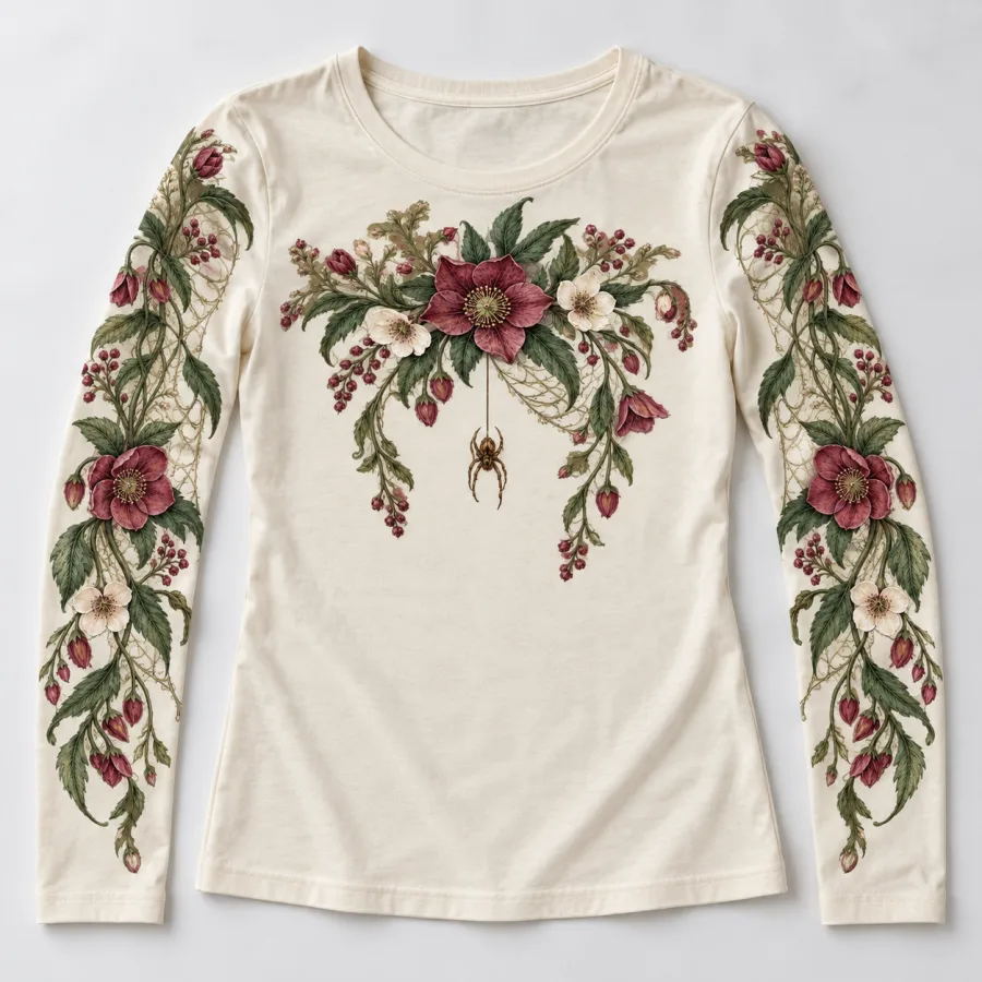 Front flat lay of cream Botanical Web Arms floral spider long sleeve shirt