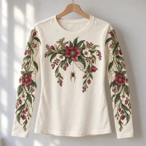 Cream Botanical Web Arms shirt on a hanger with printed sleeves