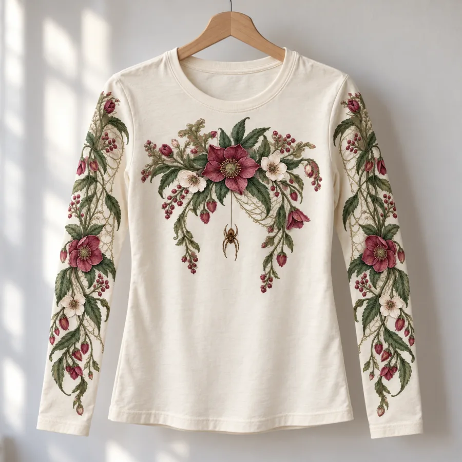 Cream Botanical Web Arms shirt on a hanger with printed sleeves