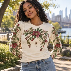 Woman in Botanical Web Arms shirt watering plants in a backyard garden