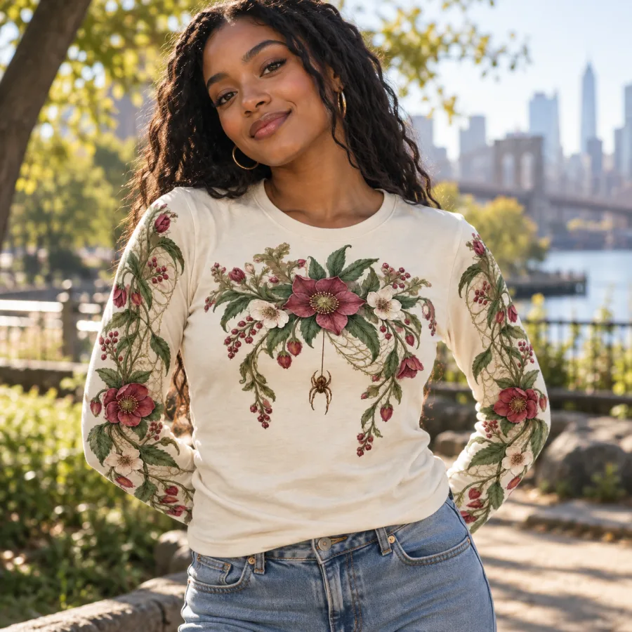 Woman in Botanical Web Arms shirt watering plants in a backyard garden