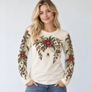 Woman wearing cream Botanical Web Arms long sleeve tee