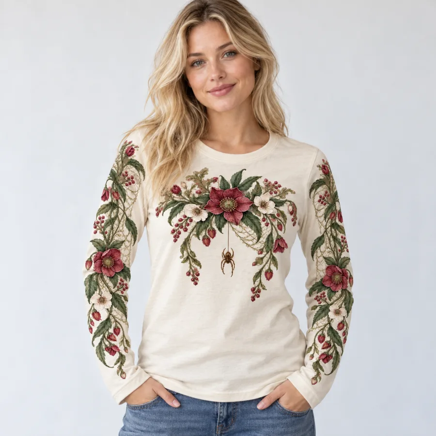 Woman wearing cream Botanical Web Arms long sleeve tee