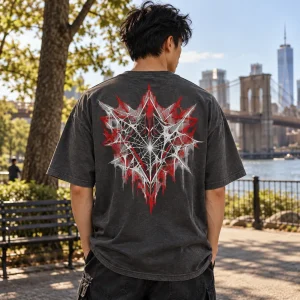 Back view of charcoal geometric spider web shirt showing the white and muted red upper-back print