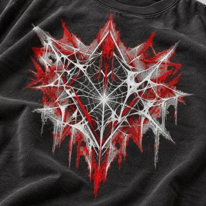 Close-up of Broken Web Geometry print showing white web lines, muted red shapes, and cotton texture