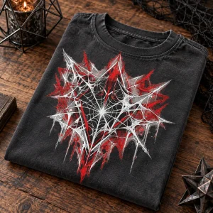 Folded charcoal Broken Web Geometry oversized tee with geometric web artwork visible