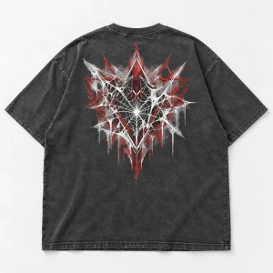 Front flat lay of charcoal oversized Broken Web Geometry tee on a clean light surface