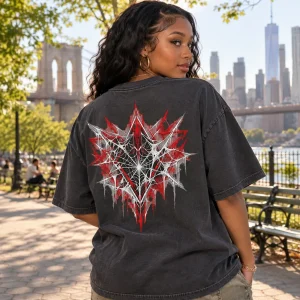 Black American woman wearing the charcoal geometric spider web shirt at a Brooklyn park