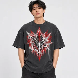 Asian American male model wearing the charcoal Broken Web Geometry oversized tee