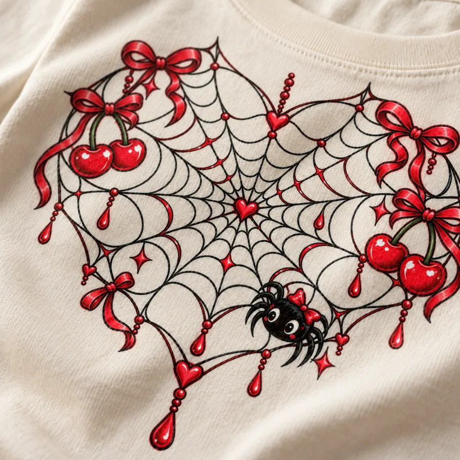 Close-up of tiny cherries, bows and peeking spider in cherry red and black