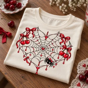 Folded soft cream Cherry Web Heart tee showing the cherry heart