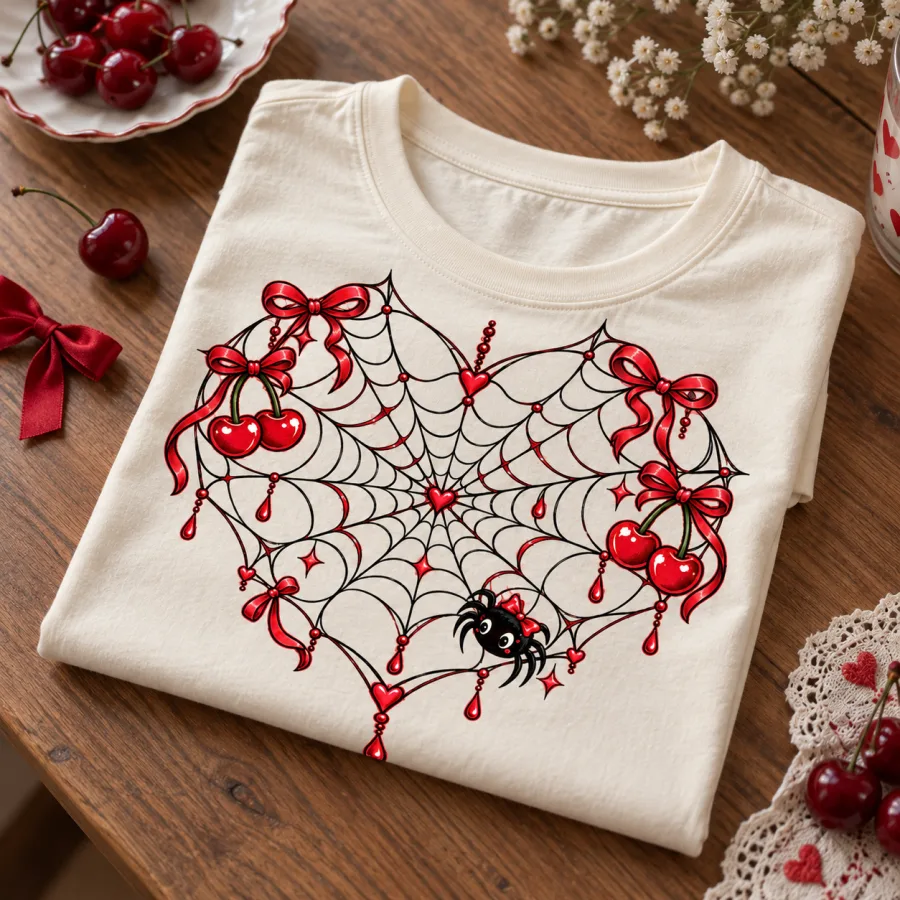 Folded soft cream Cherry Web Heart tee showing the cherry heart