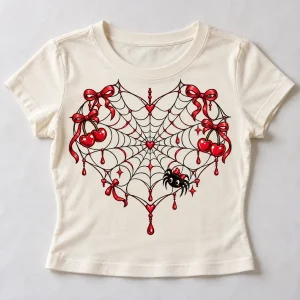 Front flat lay of soft cream Cherry Web Heart cute spider shirt for women