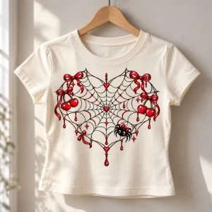 Soft cream Cherry Web Heart baby tee on a pink hanger