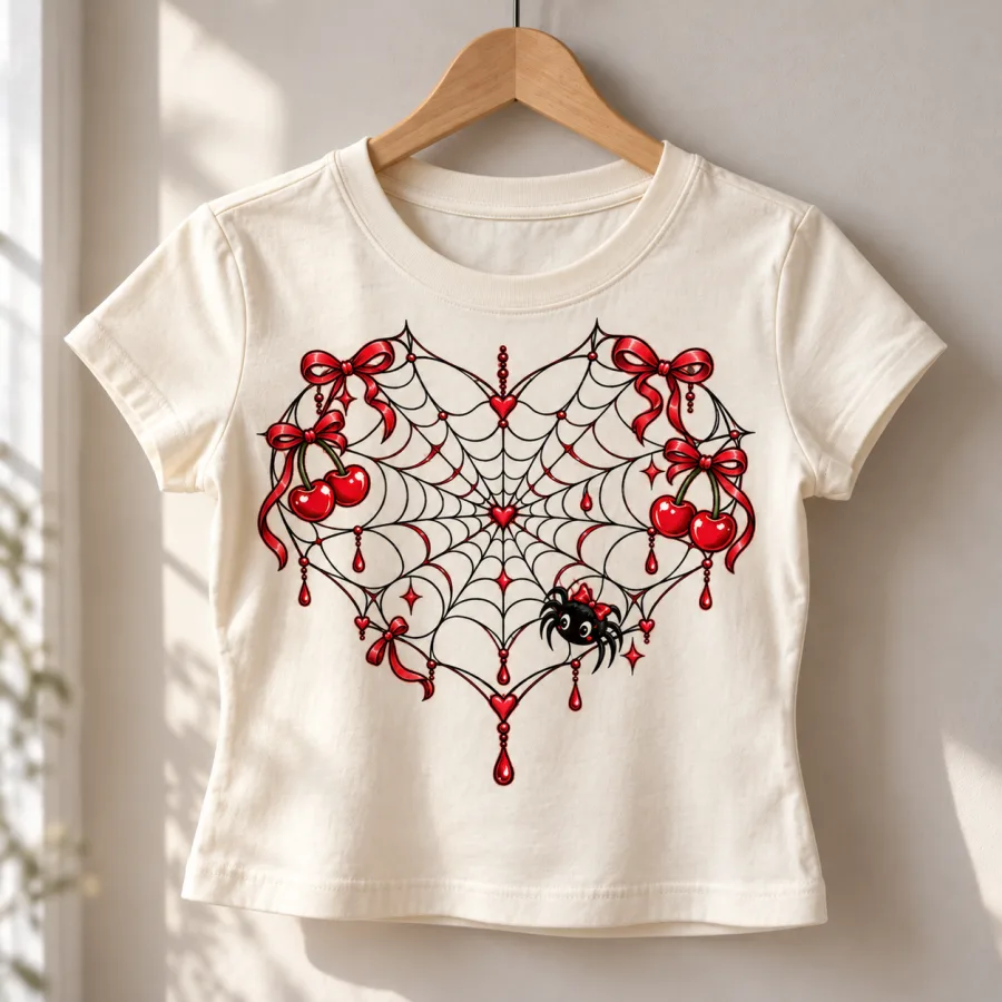 Soft cream Cherry Web Heart baby tee on a pink hanger