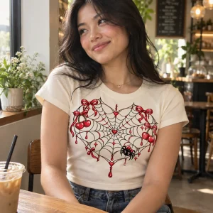 Woman in Cherry Web Heart spider shirt sipping a milkshake at a retro diner