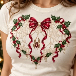 Close-up of Christmas Web Heart print showing web, holly, bow and spider details