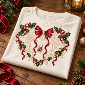 Folded ivory Christmas Web Heart spider shirt on holiday styled wooden table
