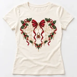 Front flat lay of ivory women's fitted Christmas Web Heart spider shirt