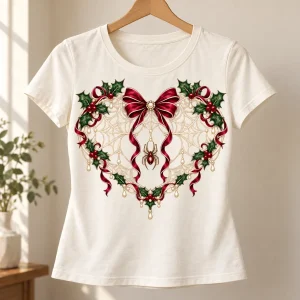 Ivory Christmas Web Heart women's fitted tee displayed on wooden hanger
