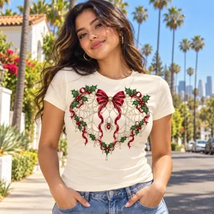 Lifestyle view of woman wearing Christmas Web Heart shirt in a sunny Los Angeles neighborhood