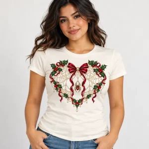 Latina model wearing ivory Christmas Web Heart spider web heart shirt