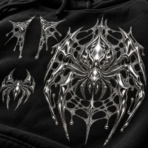 Close-up of silver-gray chrome spider print on black hoodie fabric showing metallic shading, web lines, and cotton texture