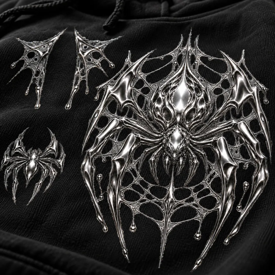 Close-up of silver-gray chrome spider print on black hoodie fabric showing metallic shading, web lines, and cotton texture