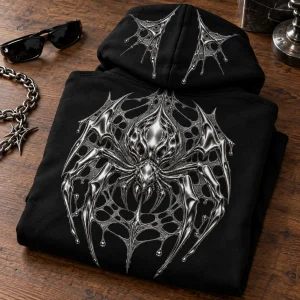 Folded black Chrome Crawler Hoodie displaying the large metallic spider graphic and reflective-style hood web details