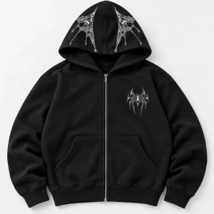 Front flat lay of black Chrome Crawler Hoodie with small chrome spider chest print and silver-gray web details on hood