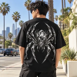 Back view of black oversized Chrome Crawler tee showing large liquid-metal silver spider graphic