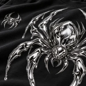 Close-up of silver-gray and white Chrome Crawler spider print showing cotton fabric texture and chrome details