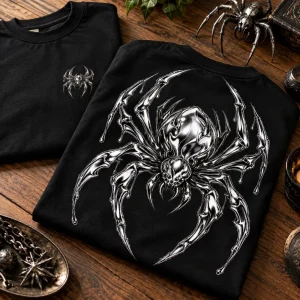 Folded black Chrome Crawler chrome spider shirt on wooden table with metallic themed styling