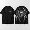 Front flat lay of black oversized Chrome Crawler chrome spider shirt with small silver spider chest print