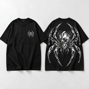 Front flat lay of black oversized Chrome Crawler chrome spider shirt with small silver spider chest print