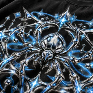 Close-up of the chrome spider, spiked star points and lens-flare shapes