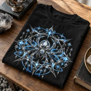 Folded black Chrome Spider Star tee showing the chrome star print