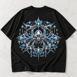Front flat lay of black Chrome Spider Star Y2K spider shirt