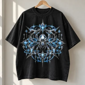 Black Chrome Spider Star oversized tee on a metal hanger